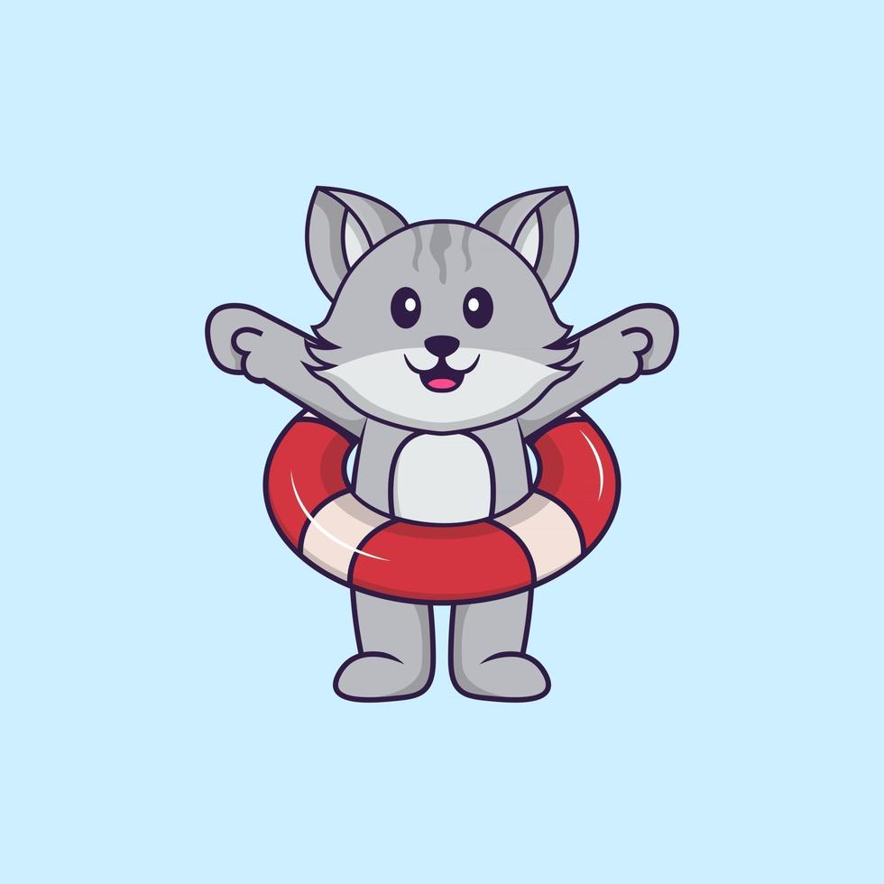 lindo gato usando un flotador. aislado concepto de dibujos animados de animales. Puede utilizarse para camiseta, tarjeta de felicitación, tarjeta de invitación o mascota. estilo de dibujos animados plana vector