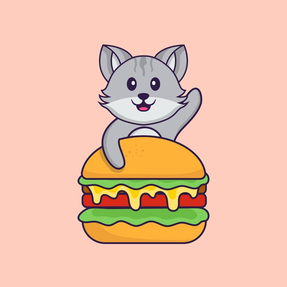 Cute cat eating burger. Animal cartoon concept isolated. Can used for t-shirt, greeting card, invitation card or mascot. Flat Cartoon Style vector