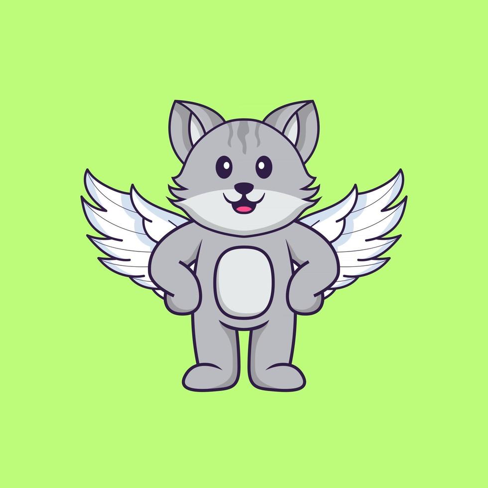 Cute cat using wings. Animal cartoon concept isolated. Can used for t-shirt, greeting card, invitation card or mascot. Flat Cartoon Style vector