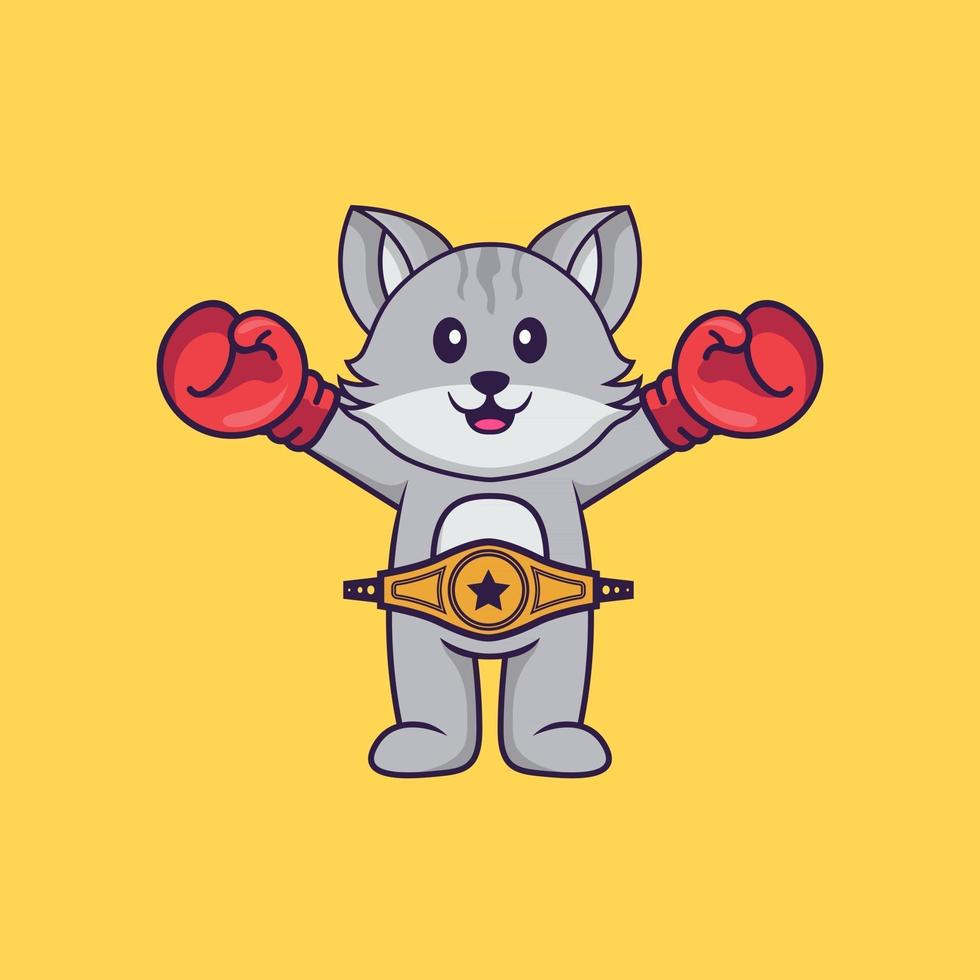 Cute cat in boxer costume with champion belt. Animal cartoon concept isolated. Can used for t-shirt, greeting card, invitation card or mascot. Flat Cartoon Style vector