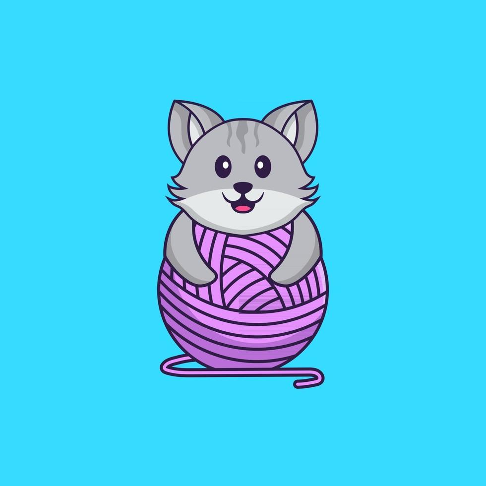 Cute cat playing with wool yarn. Animal cartoon concept isolated. Can used for t-shirt, greeting card, invitation card or mascot. Flat Cartoon Style vector