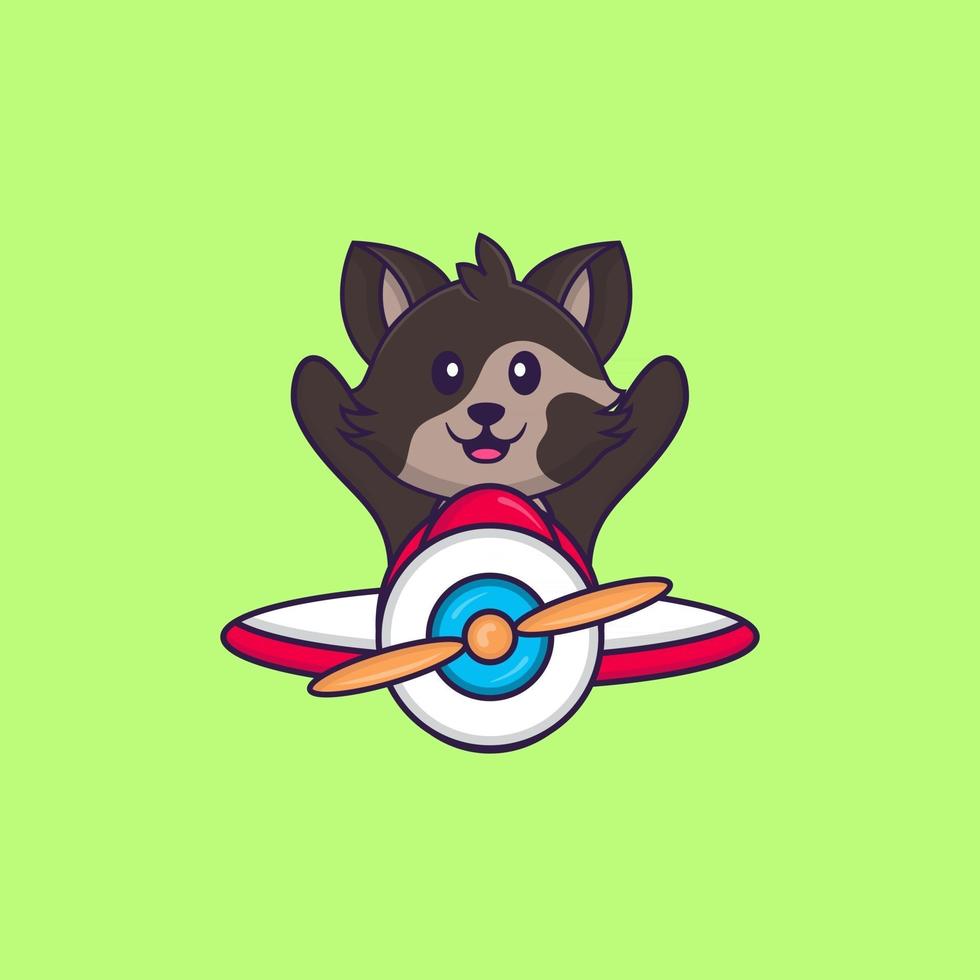 Cute cat flying on a plane. Animal cartoon concept isolated. Can used for t-shirt, greeting card, invitation card or mascot. Flat Cartoon Style vector