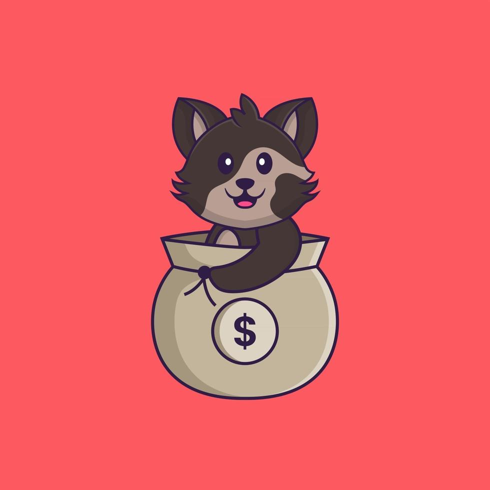 Cute cat in a money bag. Animal cartoon concept isolated. Can used for t-shirt, greeting card, invitation card or mascot. Flat Cartoon Style vector