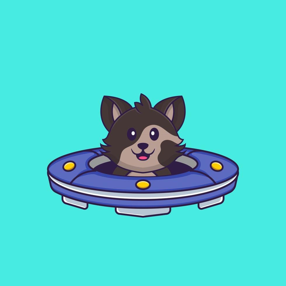 Cute cat Driving Spaceship Ufo. Animal cartoon concept isolated. Can used for t-shirt, greeting card, invitation card or mascot. Flat Cartoon Style vector