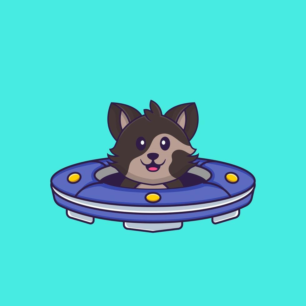 lindo gato conduciendo nave espacial ovni. aislado concepto de dibujos animados de animales. Puede utilizarse para camiseta, tarjeta de felicitación, tarjeta de invitación o mascota. estilo de dibujos animados plana vector