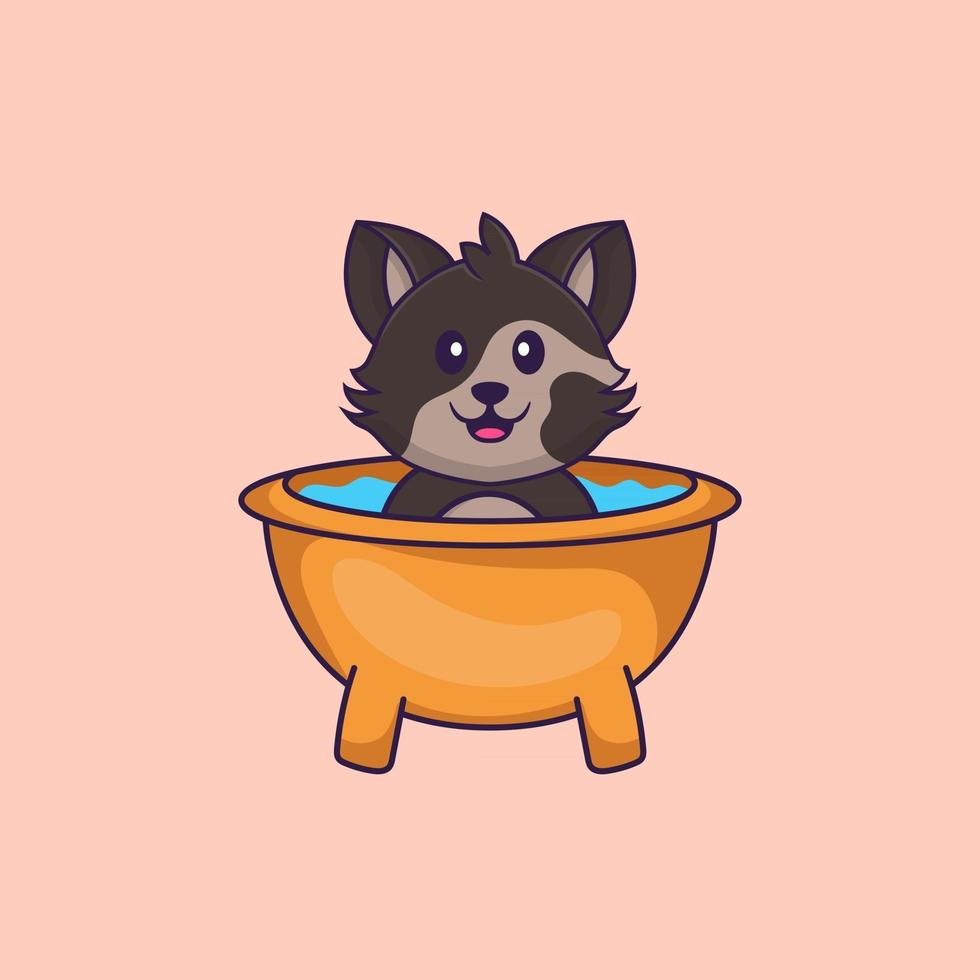 Cute cat taking a bath in the bathtub. Animal cartoon concept isolated. Can used for t-shirt, greeting card, invitation card or mascot. Flat Cartoon Style vector