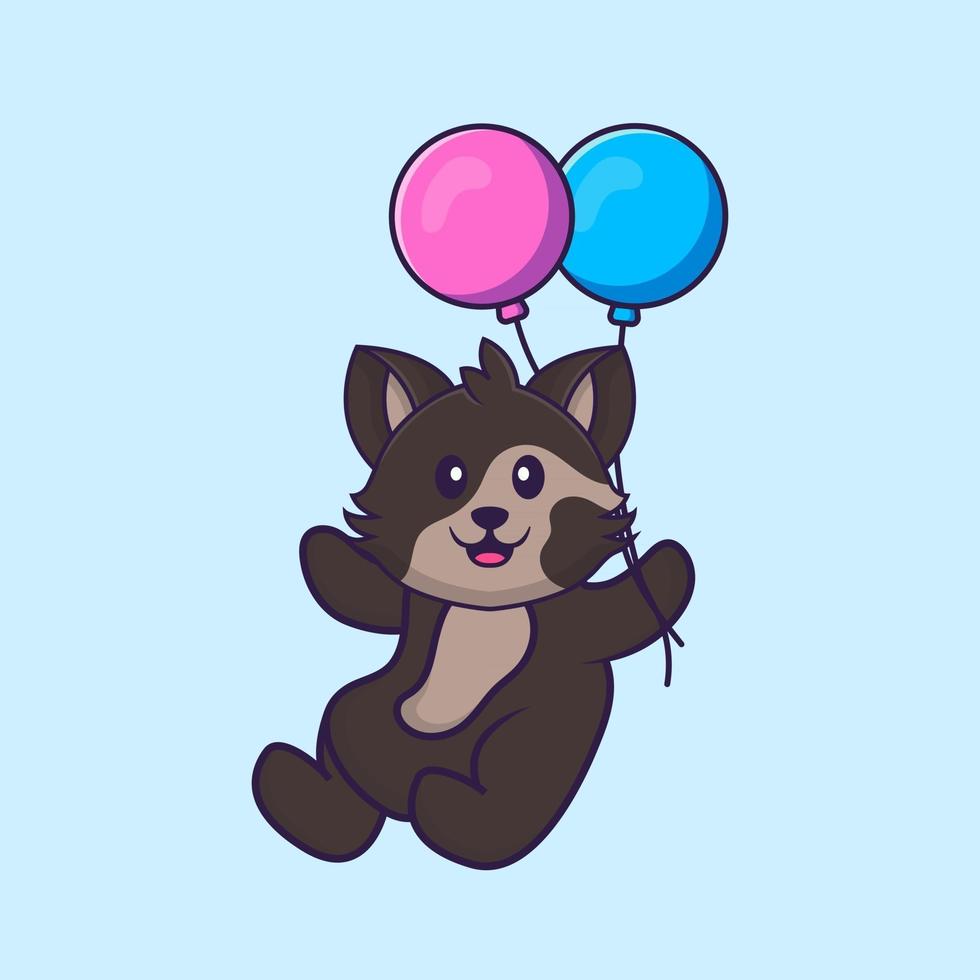 lindo gato volando con dos globos. aislado concepto de dibujos animados de animales. Puede utilizarse para camiseta, tarjeta de felicitación, tarjeta de invitación o mascota. estilo de dibujos animados plana vector