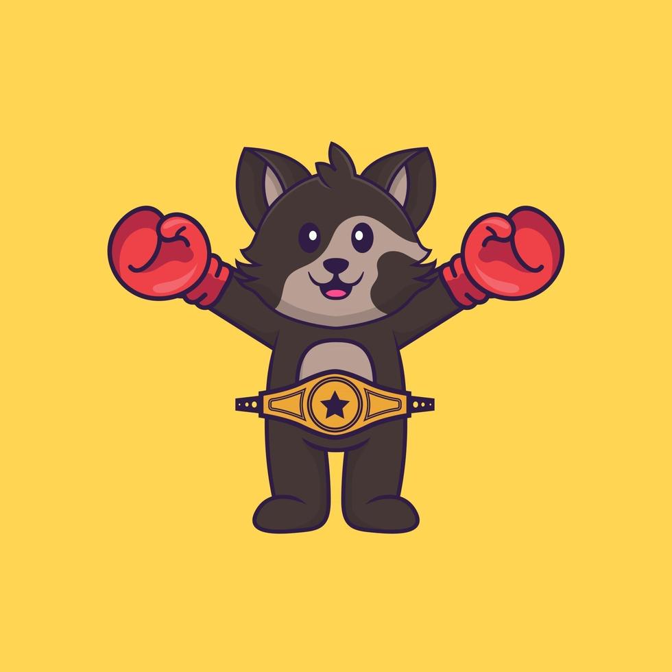 Cute cat in boxer costume with champion belt. Animal cartoon concept isolated. Can used for t-shirt, greeting card, invitation card or mascot. Flat Cartoon Style vector