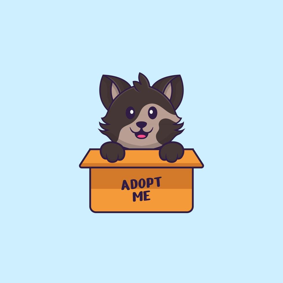 Cute cat in box with a poster Adopt me. Animal cartoon concept isolated. Can used for t-shirt, greeting card, invitation card or mascot. Flat Cartoon Style vector