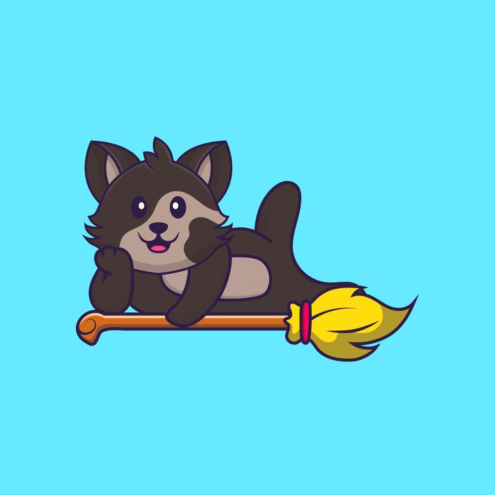 Cute cat lying on Magic Broom. Animal cartoon concept isolated. Can used for t-shirt, greeting card, invitation card or mascot. Flat Cartoon Style vector