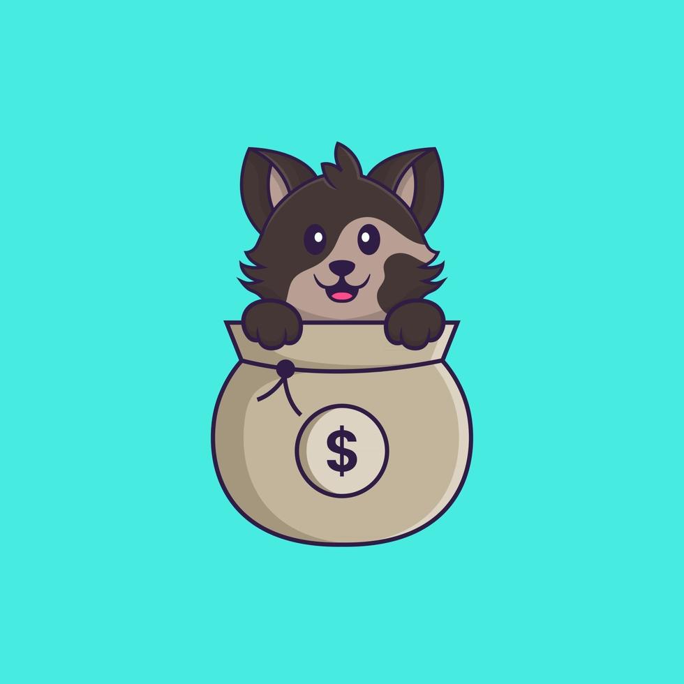 Cute cat playing in money bag. Animal cartoon concept isolated. Can used for t-shirt, greeting card, invitation card or mascot. Flat Cartoon Style vector