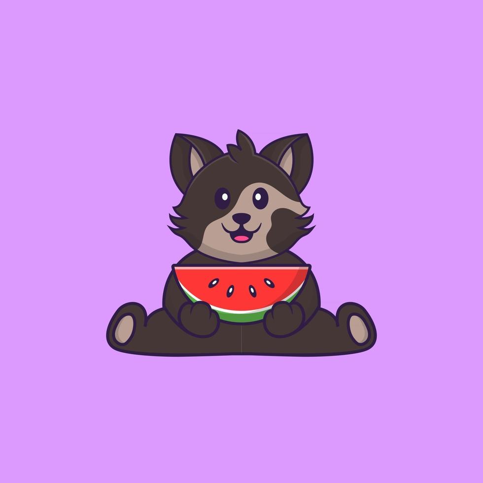 Cute cat eating watermelon. Animal cartoon concept isolated. Can used for t-shirt, greeting card, invitation card or mascot. Flat Cartoon Style vector