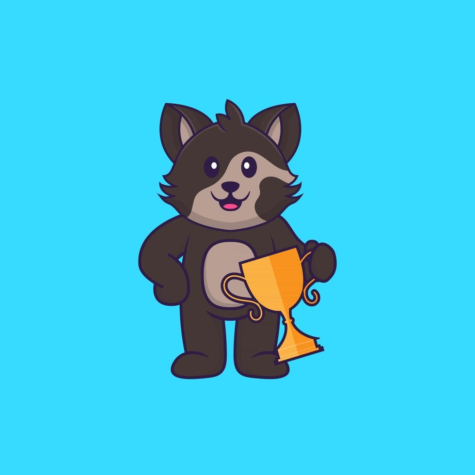Cute cat holding gold trophy. Animal cartoon concept isolated. Can used for t-shirt, greeting card, invitation card or mascot. Flat Cartoon Style vector