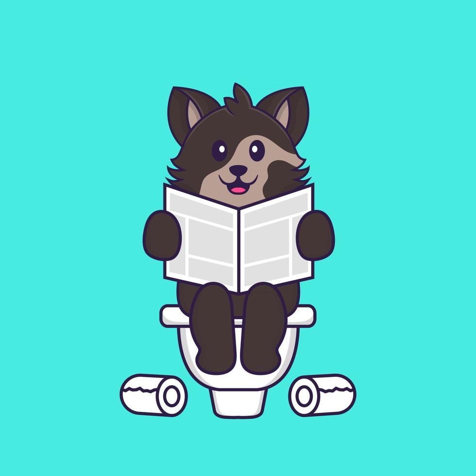 Cute cat Pooping On Toilet and read newspaper. Animal cartoon concept isolated. Can used for t-shirt, greeting card, invitation card or mascot. Flat Cartoon Style vector