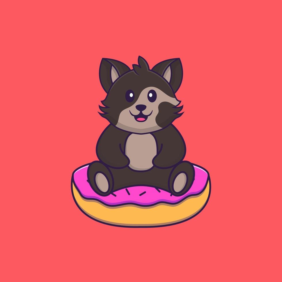 Cute cat is sitting on donuts. Animal cartoon concept isolated. Can used for t-shirt, greeting card, invitation card or mascot. Flat Cartoon Style vector