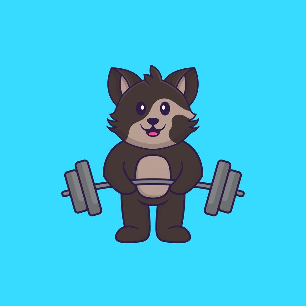 Cute cat lifts the barbell. Animal cartoon concept isolated. Can used for t-shirt, greeting card, invitation card or mascot. Flat Cartoon Style vector