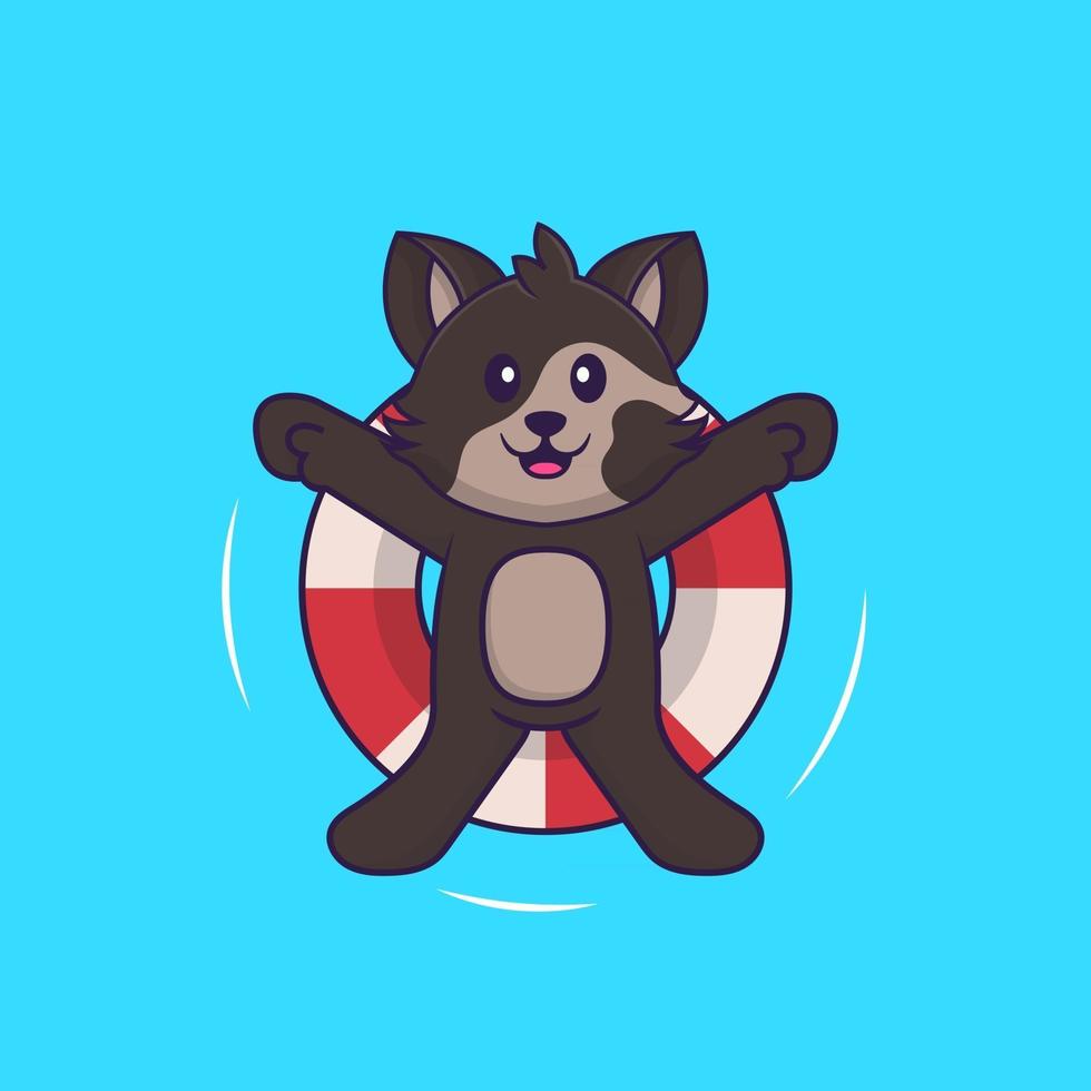 Cute cat is Swimming with a buoy. Animal cartoon concept isolated. Can used for t-shirt, greeting card, invitation card or mascot. Flat Cartoon Style vector