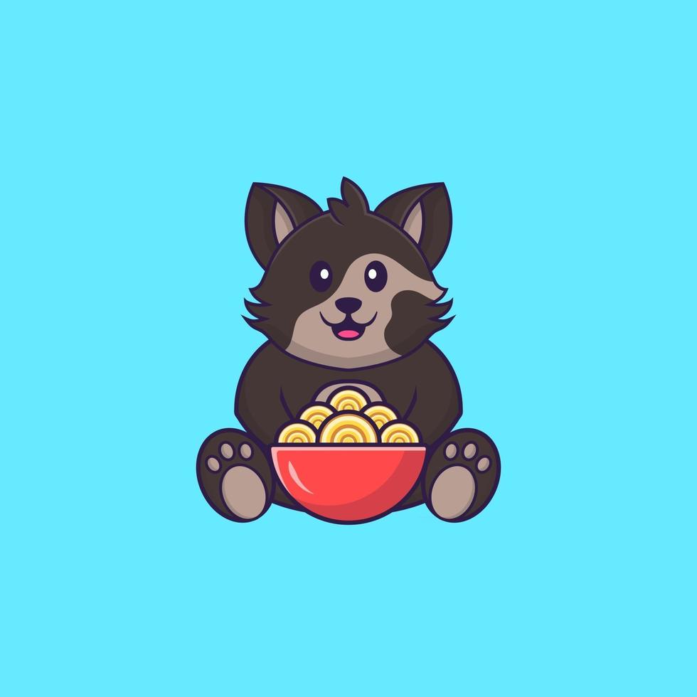 Cute cat eating ramen noodles. Animal cartoon concept isolated. Can used for t-shirt, greeting card, invitation card or mascot. Flat Cartoon Style vector
