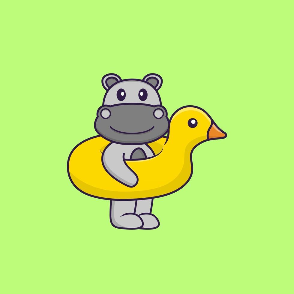 Cute hippopotamus With Duck buoy. Animal cartoon concept isolated. Can used for t-shirt, greeting card, invitation card or mascot. Flat Cartoon Style vector