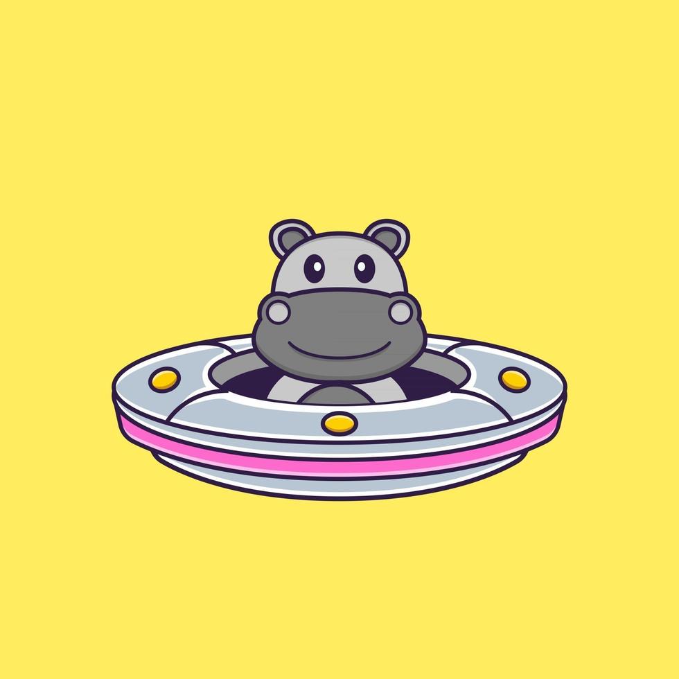 lindo hipopótamo conduciendo nave espacial ovni. aislado concepto de dibujos animados de animales. Puede utilizarse para camiseta, tarjeta de felicitación, tarjeta de invitación o mascota. estilo de dibujos animados plana vector
