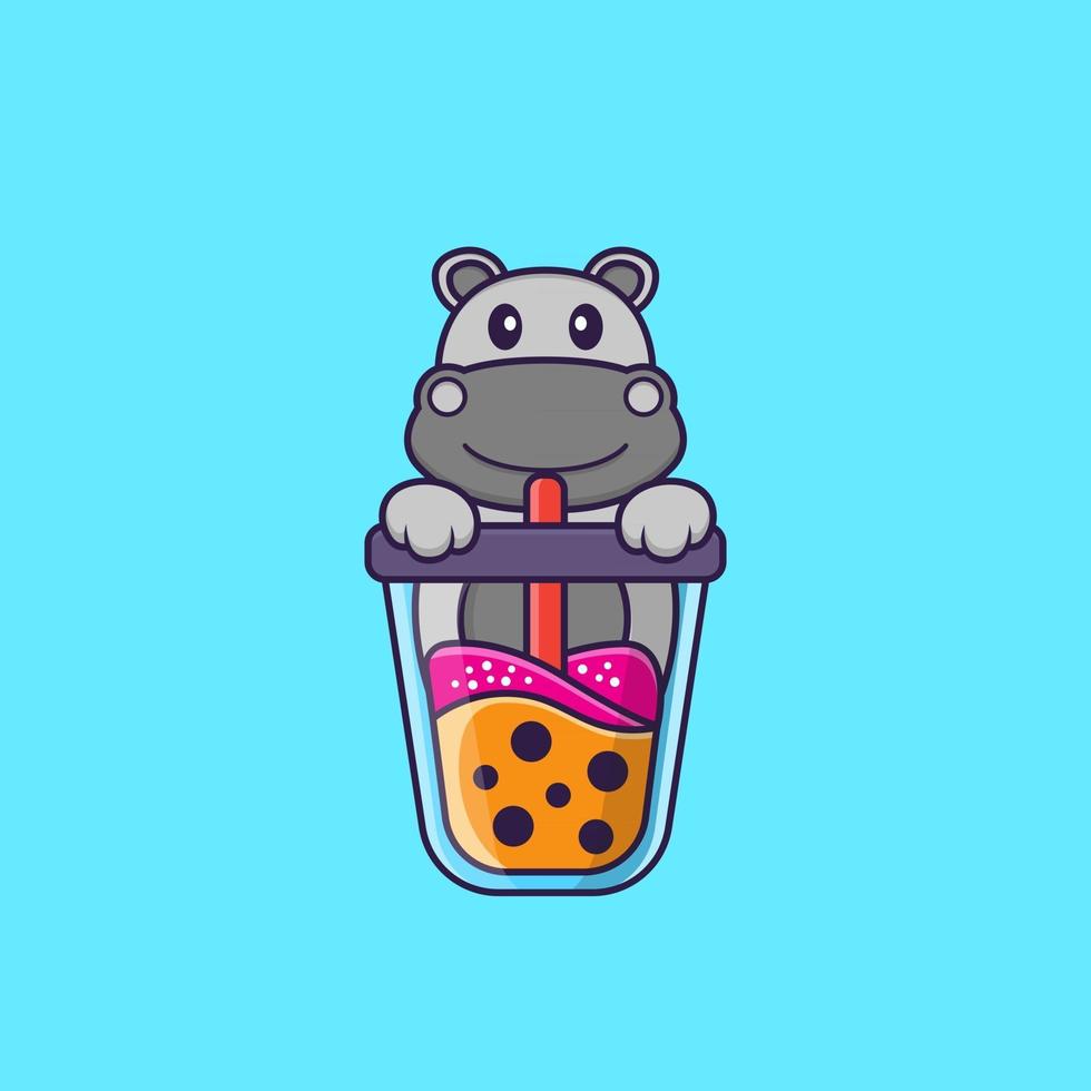 lindo hipopótamo bebiendo té con leche boba. aislado concepto de dibujos animados de animales. Puede utilizarse para camiseta, tarjeta de felicitación, tarjeta de invitación o mascota. estilo de dibujos animados plana vector