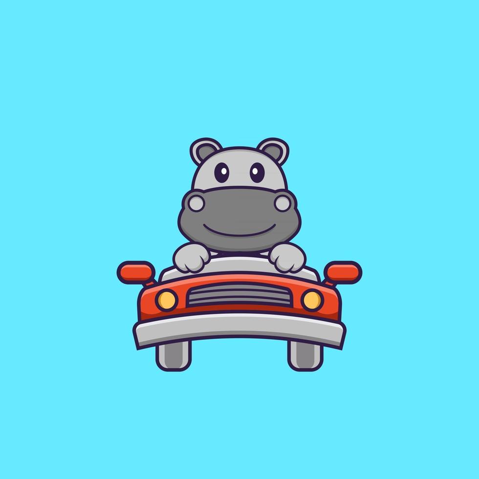 Cute hippopotamus is driving. Animal cartoon concept isolated. Can used for t-shirt, greeting card, invitation card or mascot. Flat Cartoon Style vector