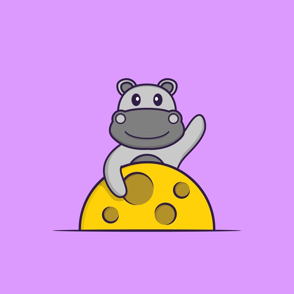 Cute hippopotamus is on the moon. Animal cartoon concept isolated. Can used for t-shirt, greeting card, invitation card or mascot. Flat Cartoon Style vector