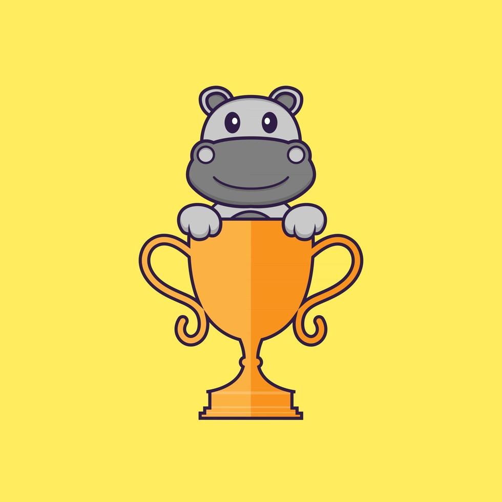 Cute hippopotamus with gold trophy. Animal cartoon concept isolated. Can used for t-shirt, greeting card, invitation card or mascot. Flat Cartoon Style vector