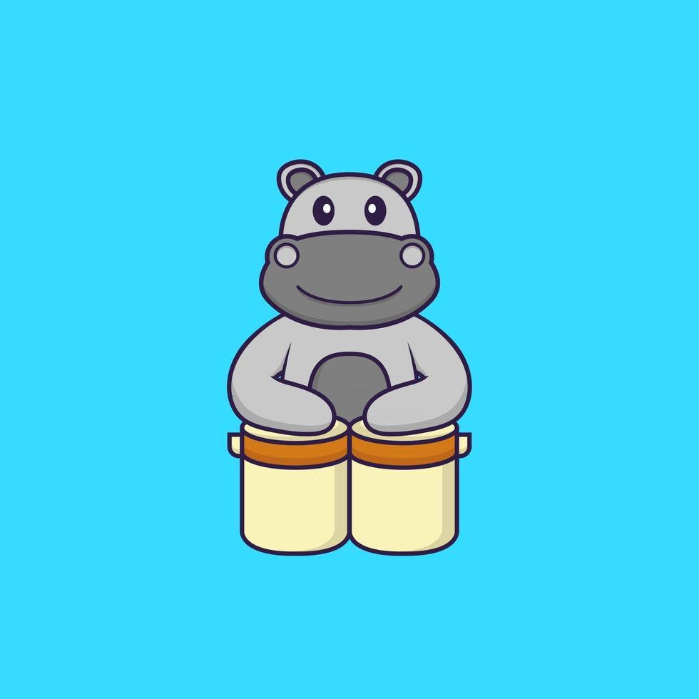 Cute hippopotamus is playing drums. Animal cartoon concept isolated. Can used for t-shirt, greeting card, invitation card or mascot. Flat Cartoon Style vector