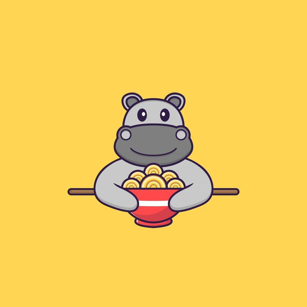 Cute hippopotamus eating ramen noodles. Animal cartoon concept isolated. Can used for t-shirt, greeting card, invitation card or mascot. Flat Cartoon Style vector