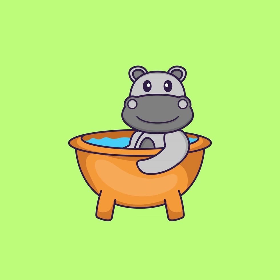 Cute hippopotamus taking a bath in the bathtub. Animal cartoon concept isolated. Can used for t-shirt, greeting card, invitation card or mascot. Flat Cartoon Style vector