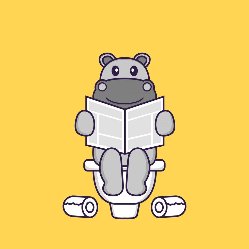 Cute hippopotamus Pooping On Toilet and read newspaper. Animal cartoon concept isolated. Can used for t-shirt, greeting card, invitation card or mascot. Flat Cartoon Style vector