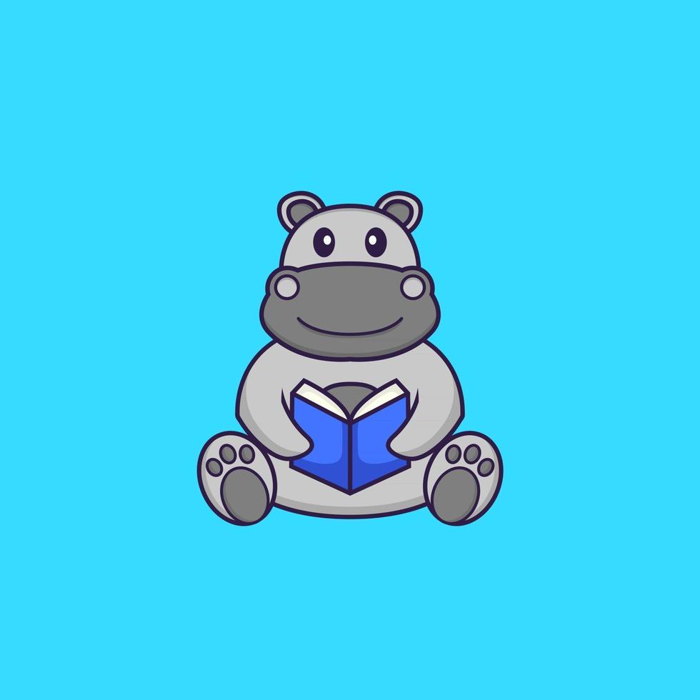 lindo hipopótamo leyendo un libro. aislado concepto de dibujos animados de animales. Puede utilizarse para camiseta, tarjeta de felicitación, tarjeta de invitación o mascota. estilo de dibujos animados plana vector