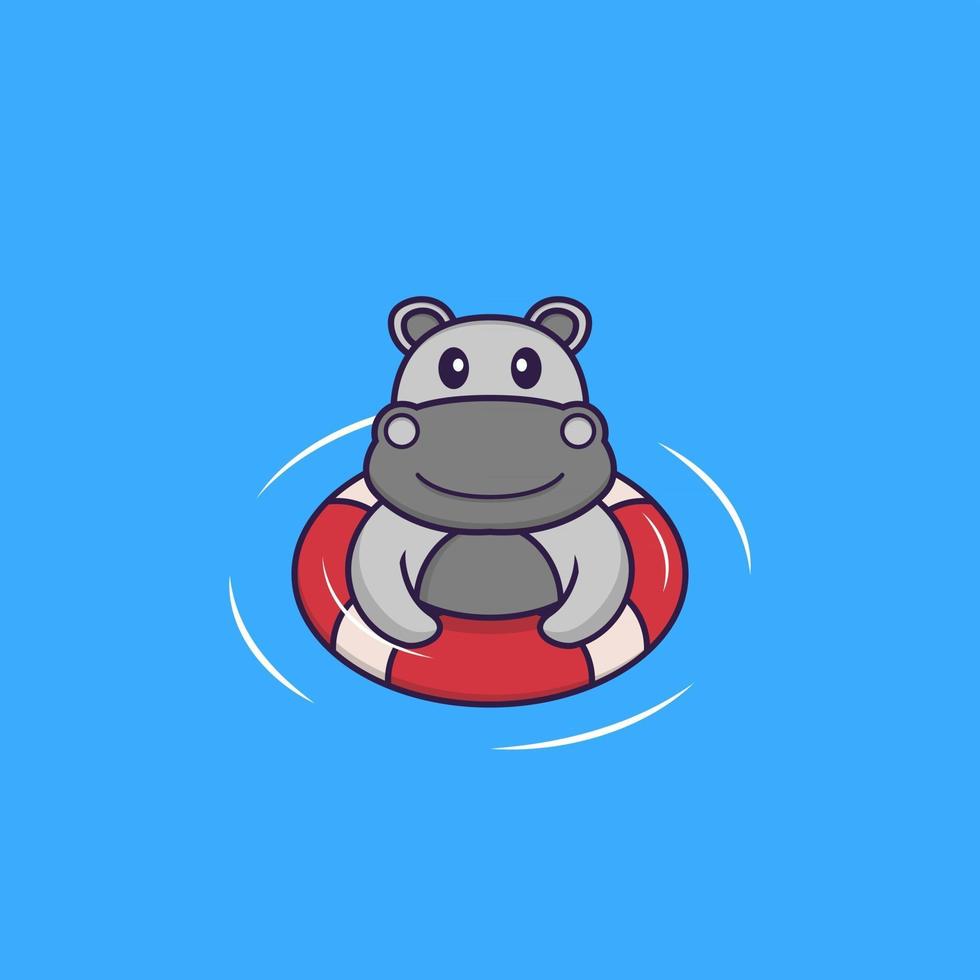 Cute hippopotamus is Swimming with a buoy. Animal cartoon concept isolated. Can used for t-shirt, greeting card, invitation card or mascot. Flat Cartoon Style vector