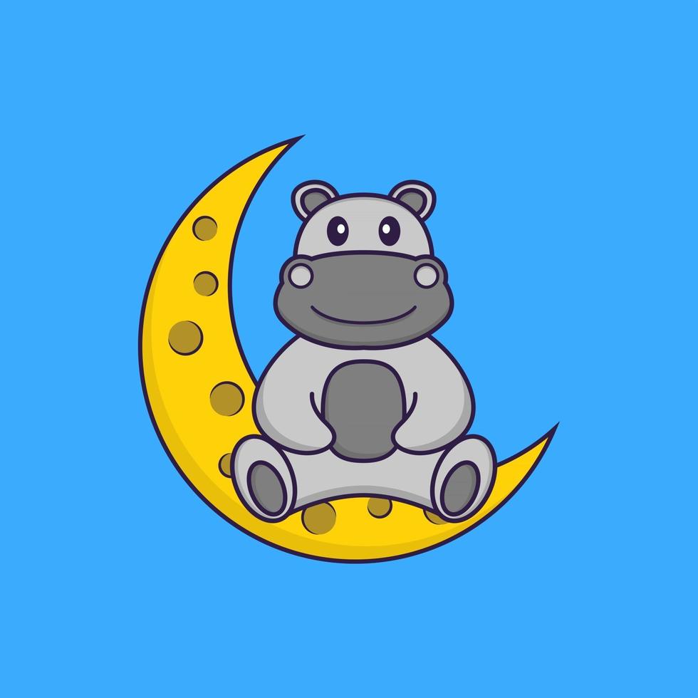 Cute hippopotamus is sitting on the moon. Animal cartoon concept isolated. Can used for t-shirt, greeting card, invitation card or mascot. Flat Cartoon Style vector