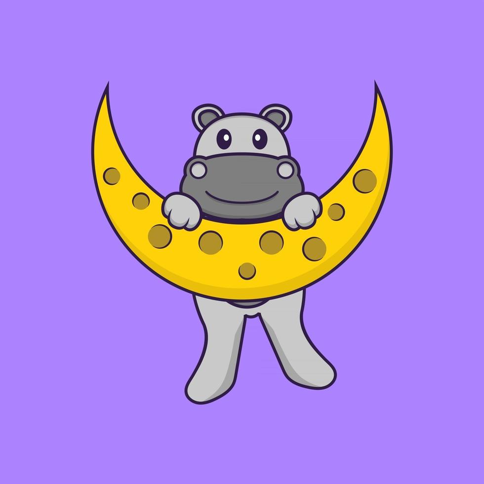 lindo hipopótamo está en la luna. aislado concepto de dibujos animados de animales. Puede utilizarse para camiseta, tarjeta de felicitación, tarjeta de invitación o mascota. estilo de dibujos animados plana vector