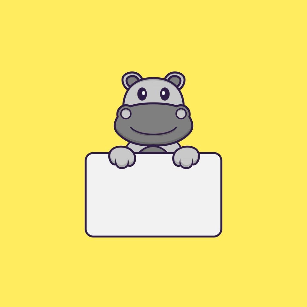 Cute hippopotamus holding whiteboard. Animal cartoon concept isolated. Can used for t-shirt, greeting card, invitation card or mascot. Flat Cartoon Style vector