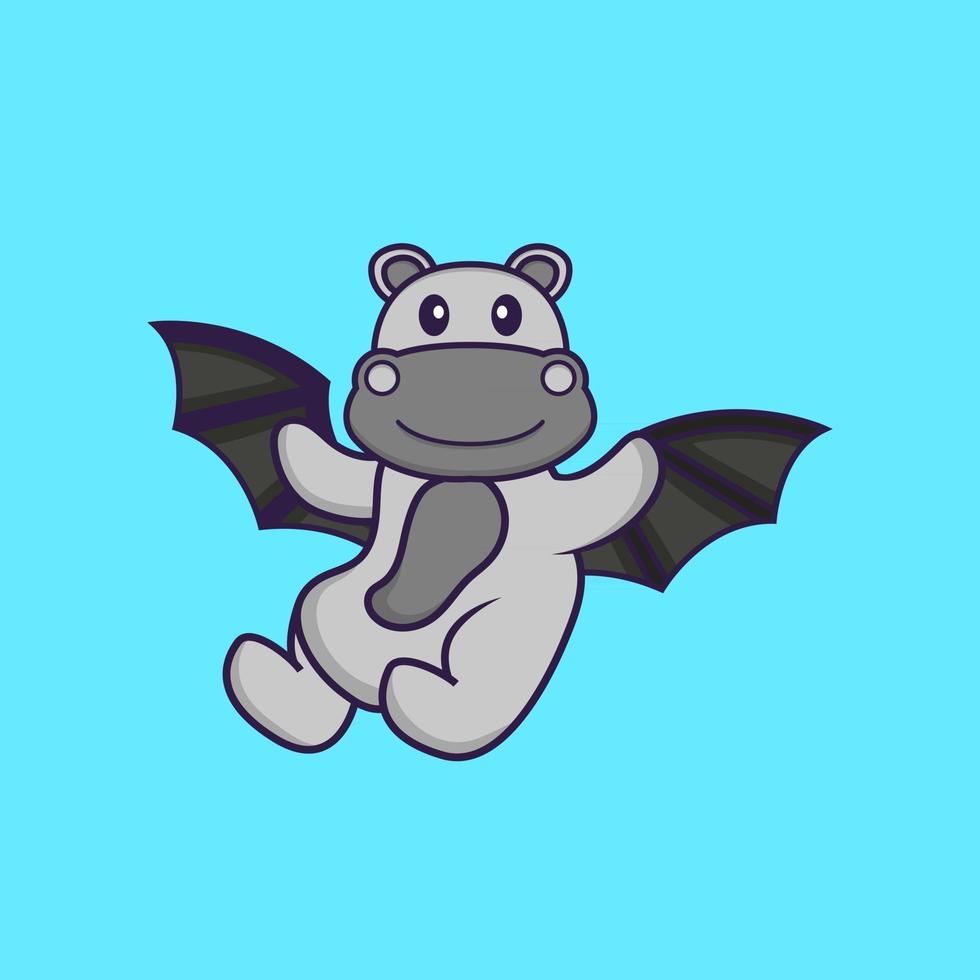 lindo hipopótamo está volando con alas. aislado concepto de dibujos animados de animales. Puede utilizarse para camiseta, tarjeta de felicitación, tarjeta de invitación o mascota. estilo de dibujos animados plana vector