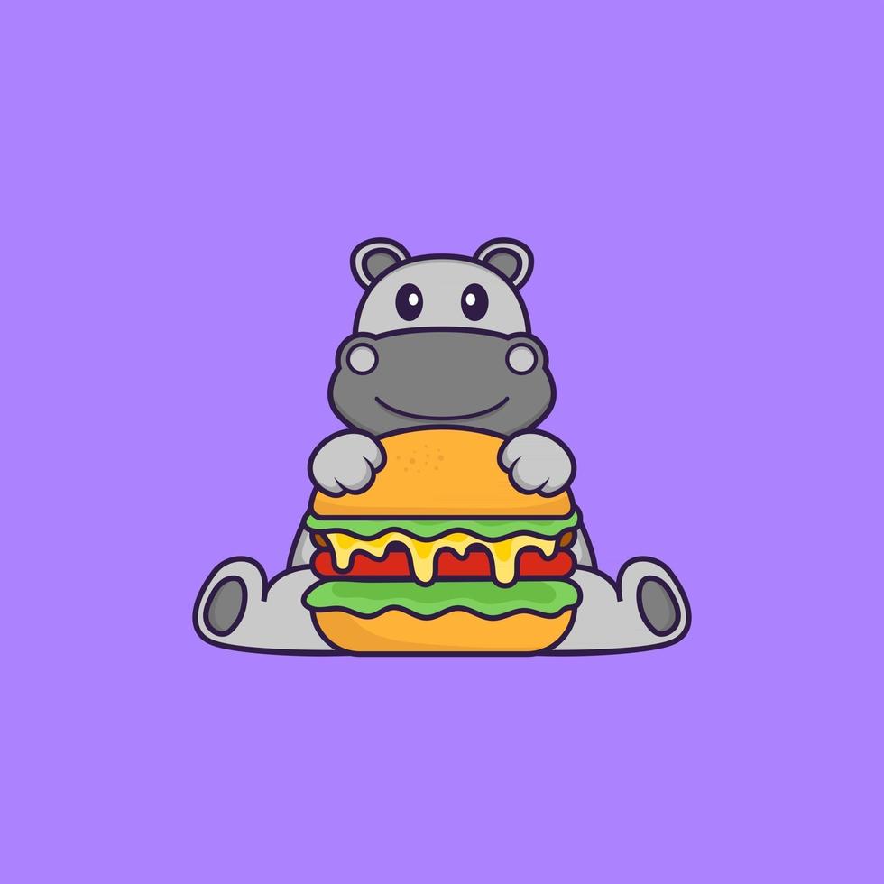 lindo hipopótamo comiendo hamburguesa. aislado concepto de dibujos animados de animales. Puede utilizarse para camiseta, tarjeta de felicitación, tarjeta de invitación o mascota. estilo de dibujos animados plana vector