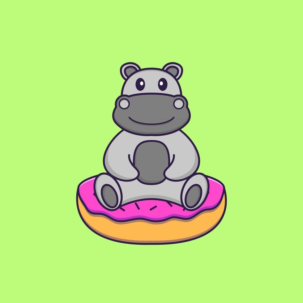 Cute hippopotamus is sitting on donuts. Animal cartoon concept isolated. Can used for t-shirt, greeting card, invitation card or mascot. Flat Cartoon Style vector