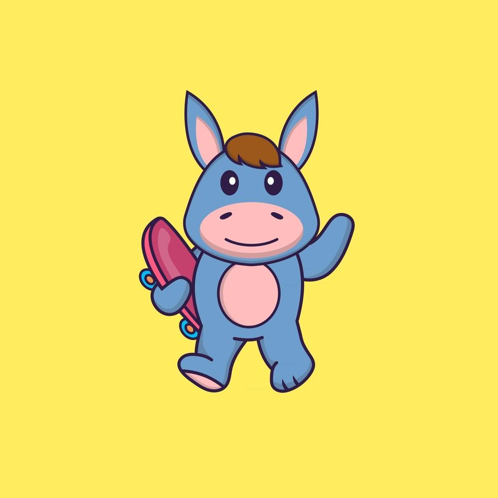 Cute llama holding a skateboard. Animal cartoon concept isolated. Can used for t-shirt, greeting card, invitation card or mascot. Flat Cartoon Style vector