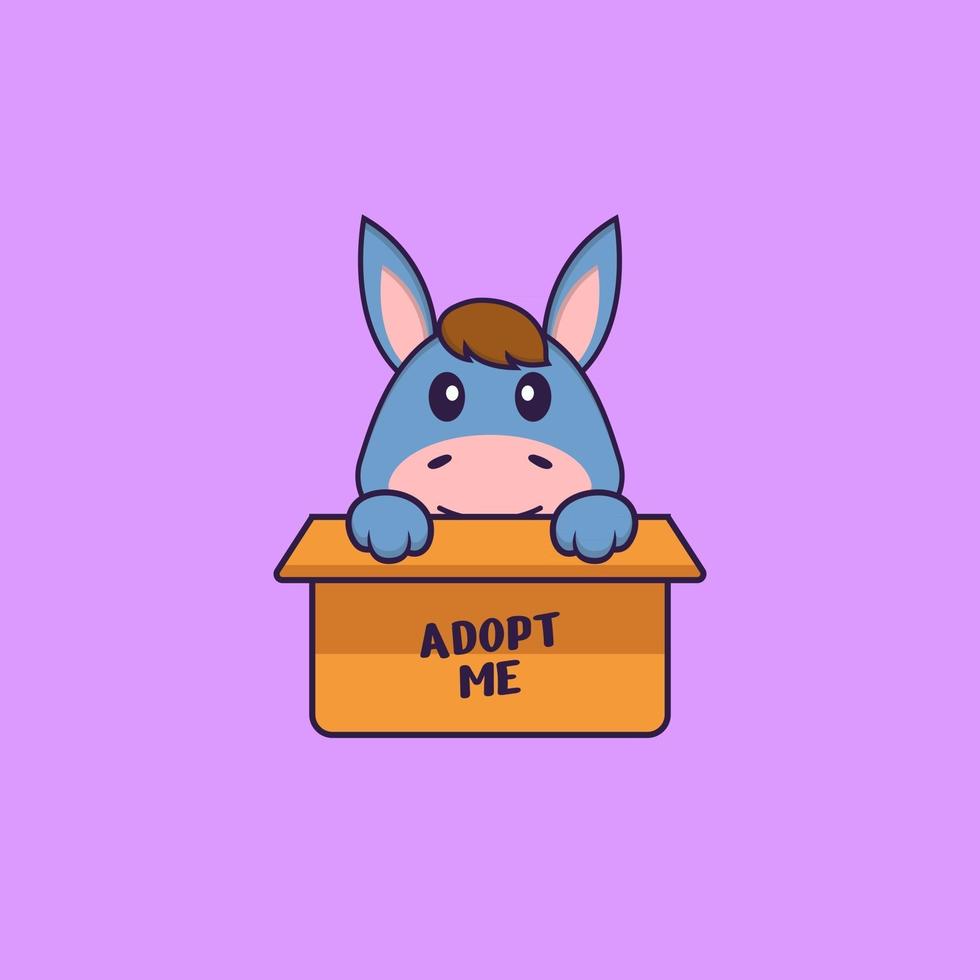 linda llama en caja con un cartel adopteme. aislado concepto de dibujos animados de animales. Puede utilizarse para camiseta, tarjeta de felicitación, tarjeta de invitación o mascota. estilo de dibujos animados plana vector