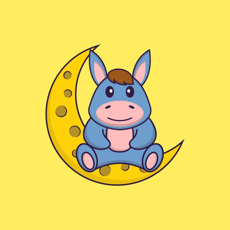 Cute llama is sitting on the moon. Animal cartoon concept isolated. Can used for t-shirt, greeting card, invitation card or mascot. Flat Cartoon Style vector