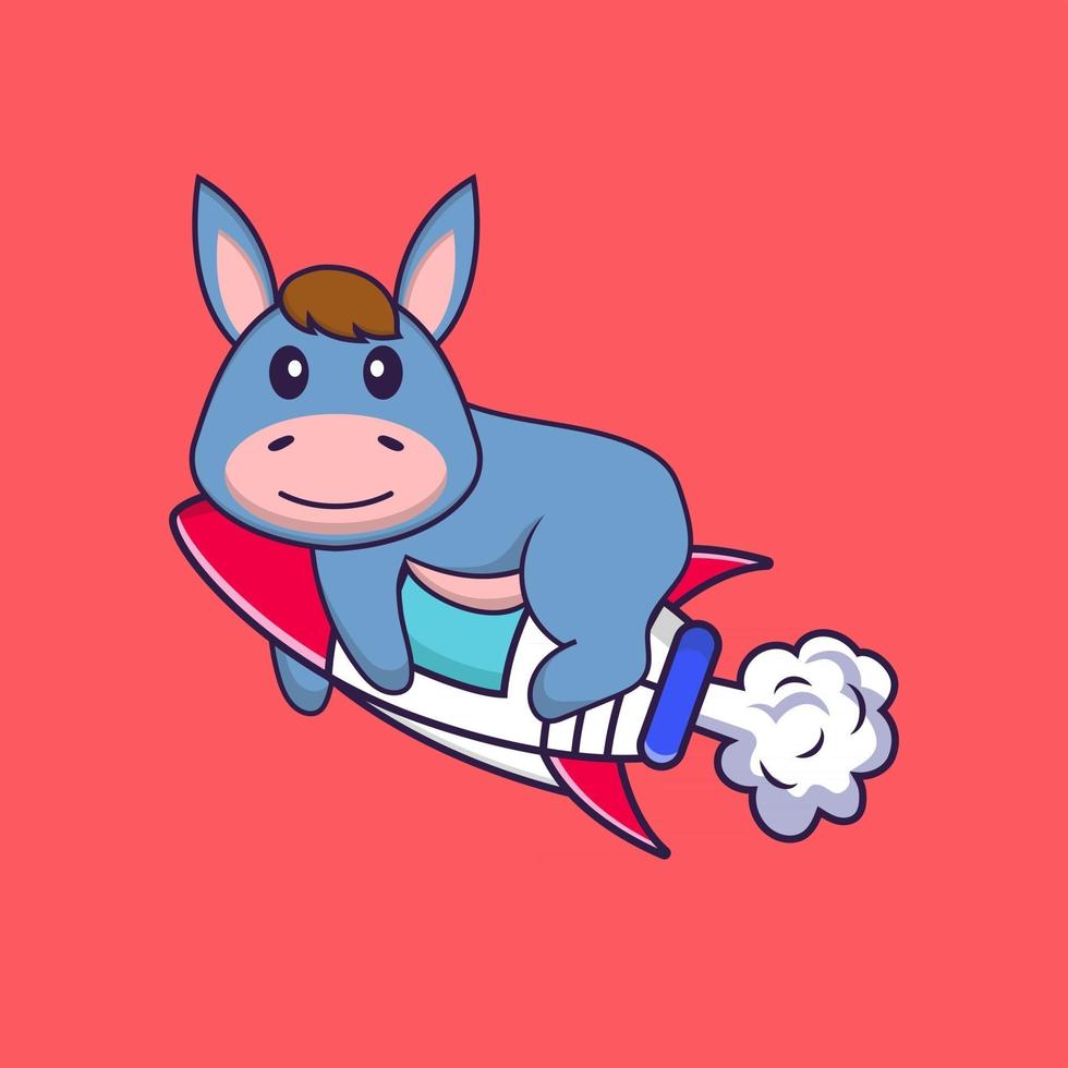 Cute llama flying on rocket. Animal cartoon concept isolated. Can used for t-shirt, greeting card, invitation card or mascot. Flat Cartoon Style vector