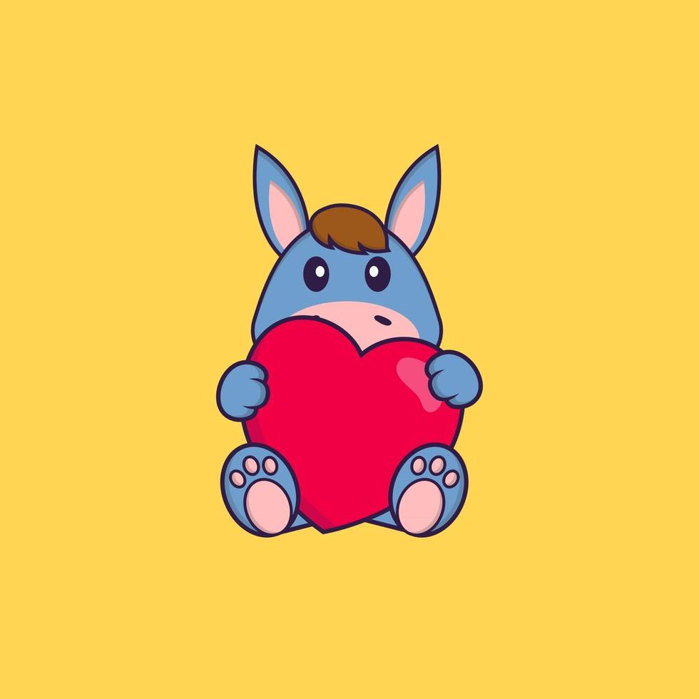 Cute llama holding a big red heart. Animal cartoon concept isolated. Can used for t-shirt, greeting card, invitation card or mascot. Flat Cartoon Style vector