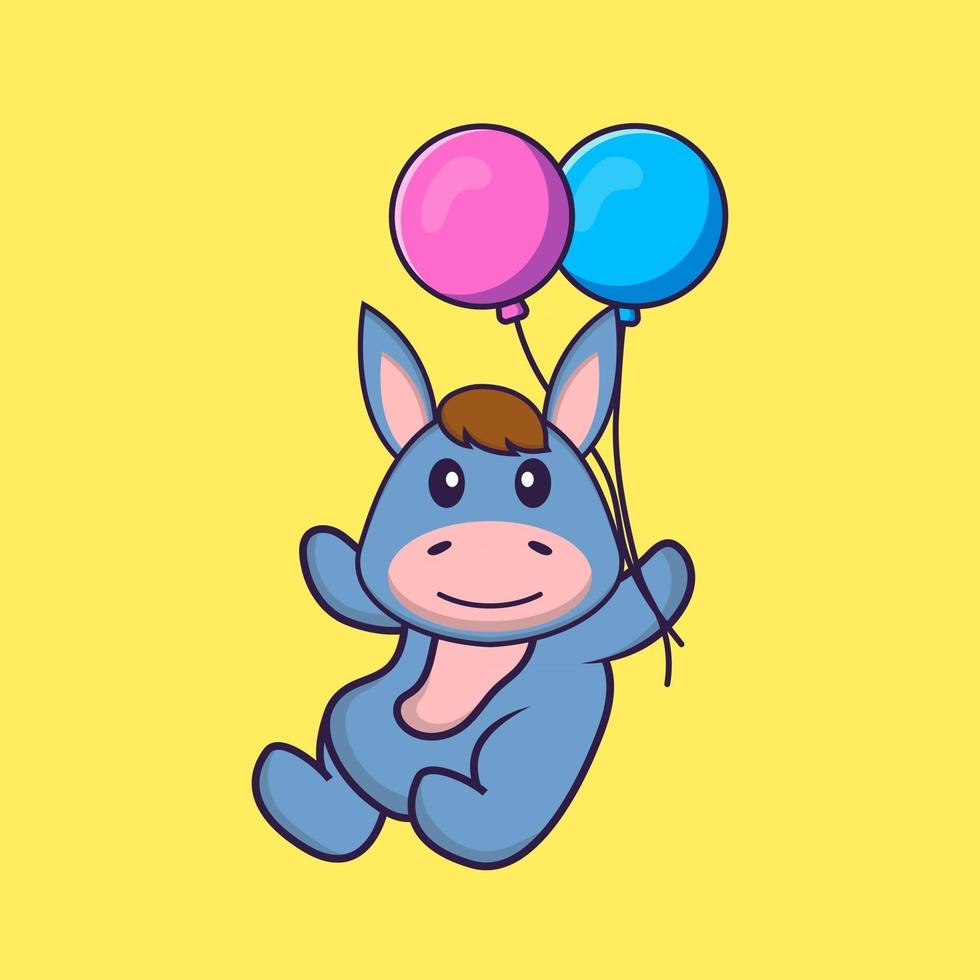 Cute llama flying with two balloons. Animal cartoon concept isolated. Can used for t-shirt, greeting card, invitation card or mascot. Flat Cartoon Style vector