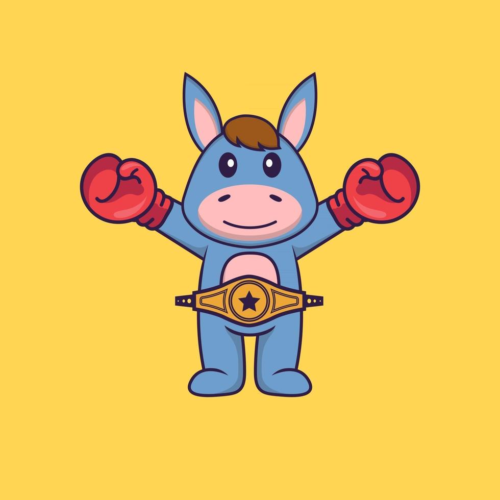 Cute llama in boxer costume with champion belt. Animal cartoon concept isolated. Can used for t-shirt, greeting card, invitation card or mascot. Flat Cartoon Style vector