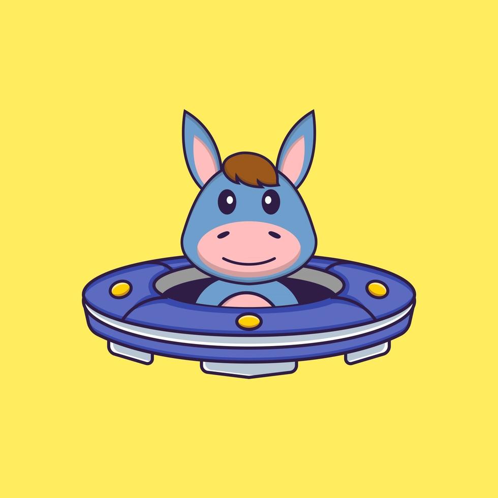 Cute llama Driving Spaceship Ufo. Animal cartoon concept isolated. Can used for t-shirt, greeting card, invitation card or mascot. Flat Cartoon Style vector