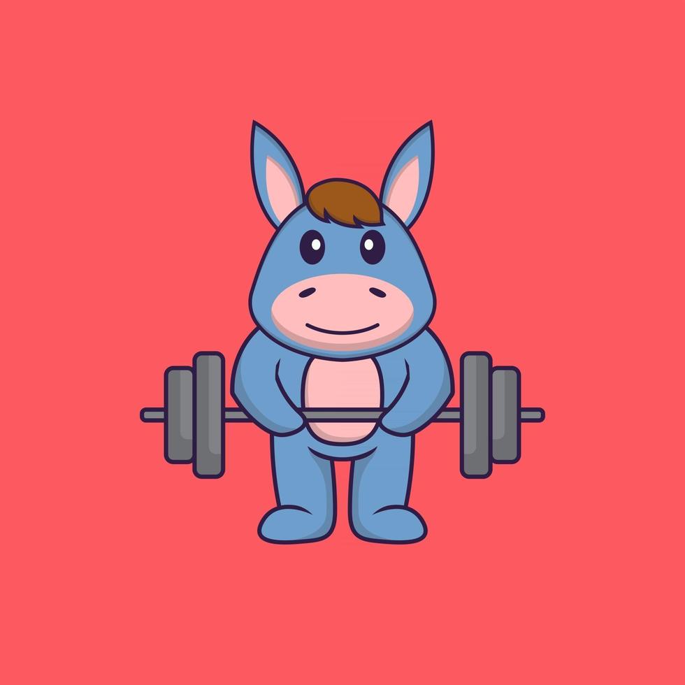 Cute llama lifts the barbell. Animal cartoon concept isolated. Can used for t-shirt, greeting card, invitation card or mascot. Flat Cartoon Style vector