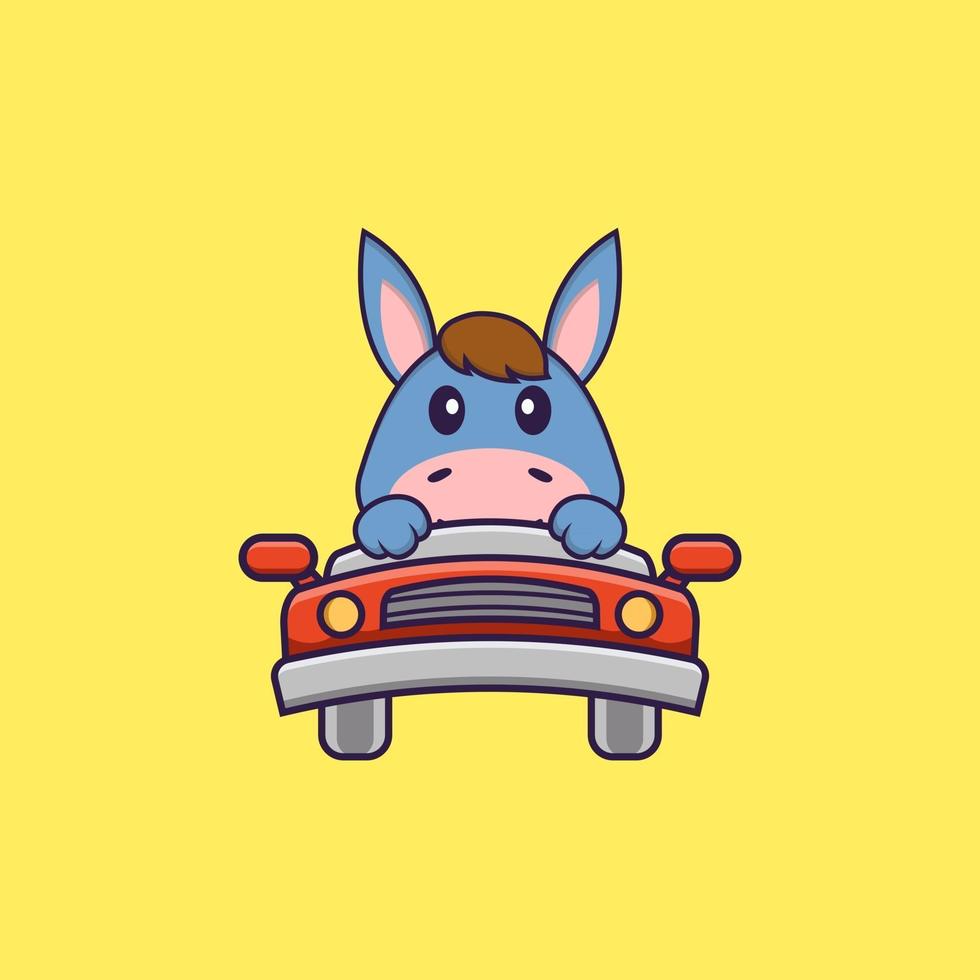 Cute llama is driving. Animal cartoon concept isolated. Can used for t-shirt, greeting card, invitation card or mascot. Flat Cartoon Style vector